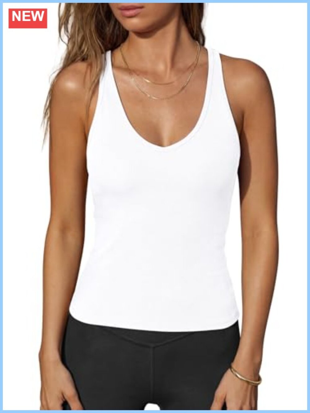 V Neck Racerback Tank Top with Built-in Removable Padded Bra Cotton Spandex